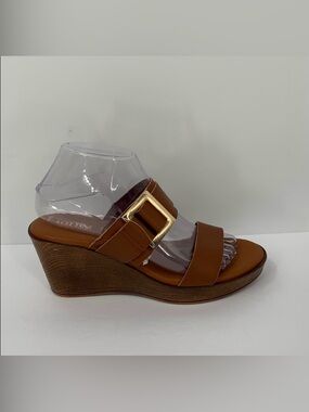 Lottini double strap wedge platform sandals tan leather shoe mule Italy new 8